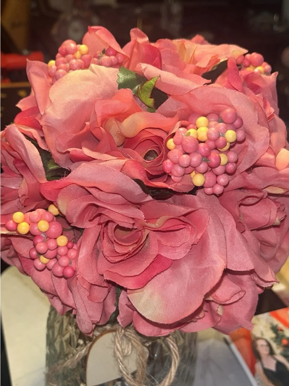 Pink Artificial Rose Bouquet in Textured Glass Vase with Jute Accent 143